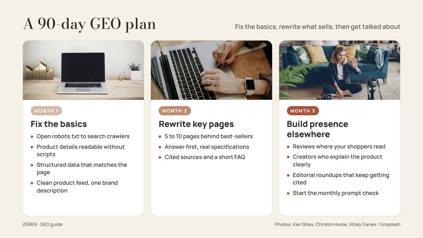A 90-day GEO plan: fix the basics, rewrite key pages, build presence elsewhere